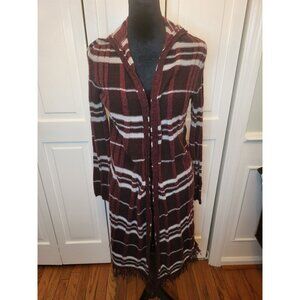 Burgundy/White Ribbed Striped Duster Hoodie Fringe Faded Glory 4/6 Boho Retro